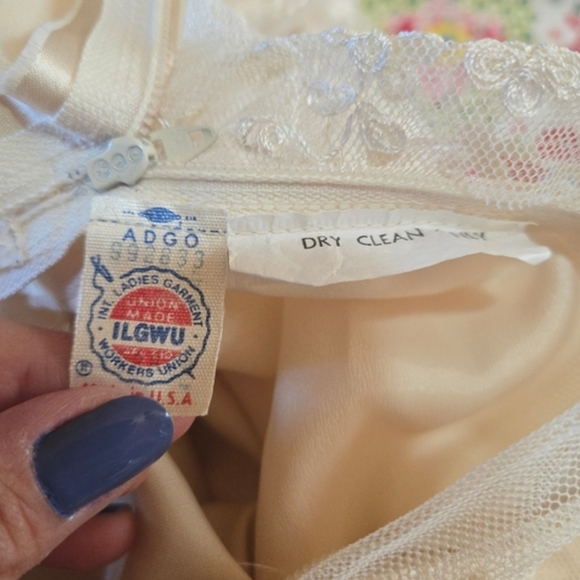 Vintage 1980s ILGWU Champagne Floral Lace High Neck Sheer Dress, SIZE S - Picture 3 of 16